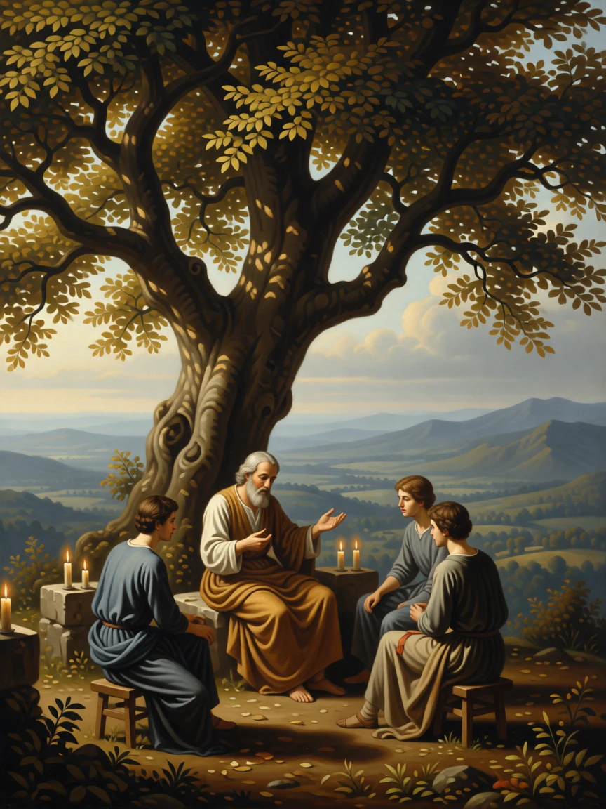 A philosopher teaching students beneath the shade of an ancient tree in a moment of profound spiritual clarity, set atop a remote mountain overlooking an endless valley, with candles flickering steadily despite an unseen breeze; a low, humble viewpoint elevates the sacred over the everyday, suggesting the enduring comfort of belief and community.