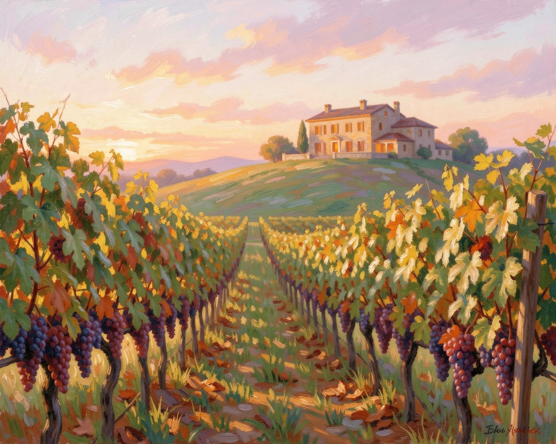 A vineyard at harvest time, rows of grapevines heavy with fruit stretching toward a hilltop villa bathed in evening light, capturing a moment of quiet intimacy.
