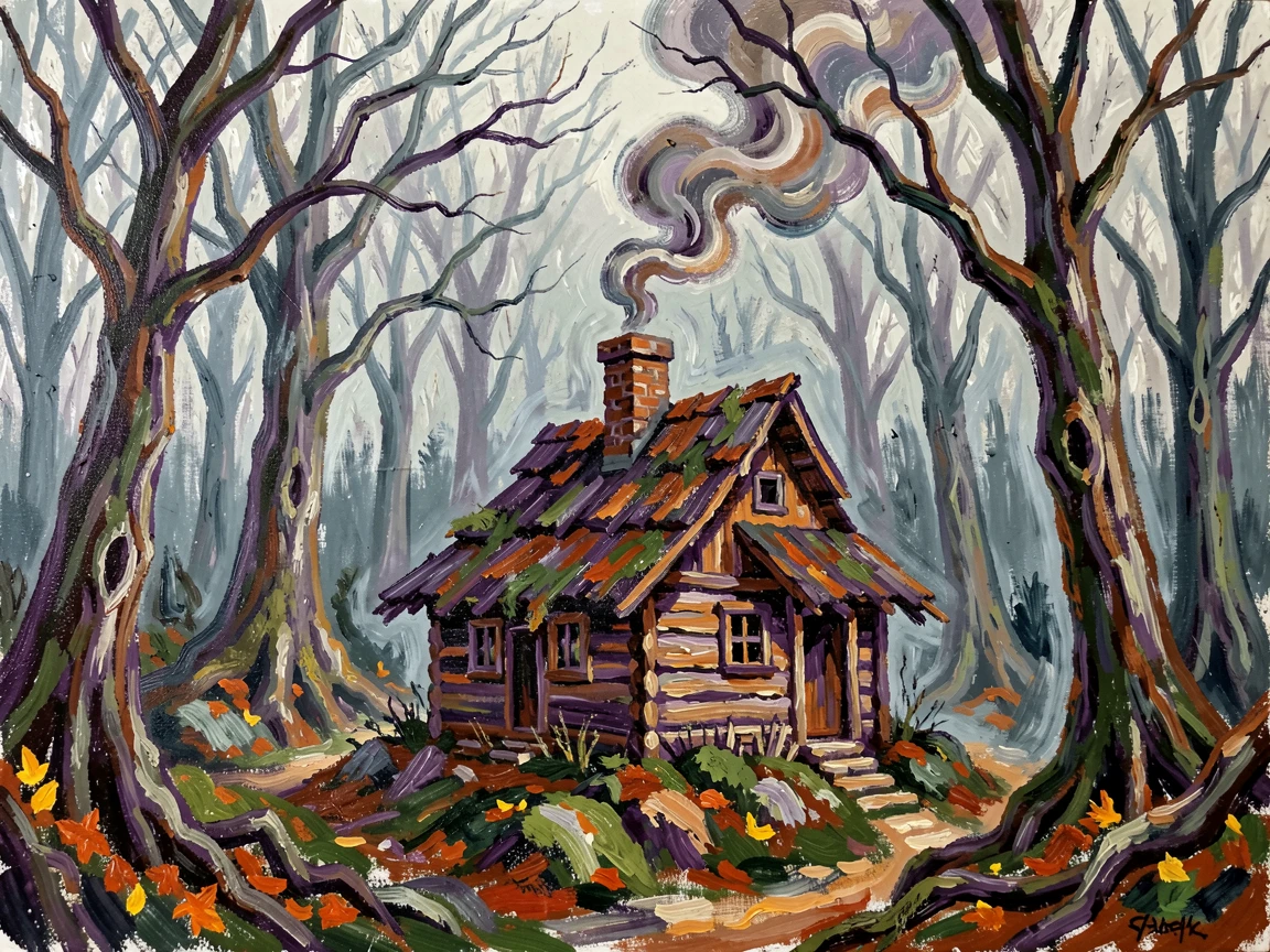 A witch's cottage nestled deep in a misty forest, smoke curling from its crooked chimney.