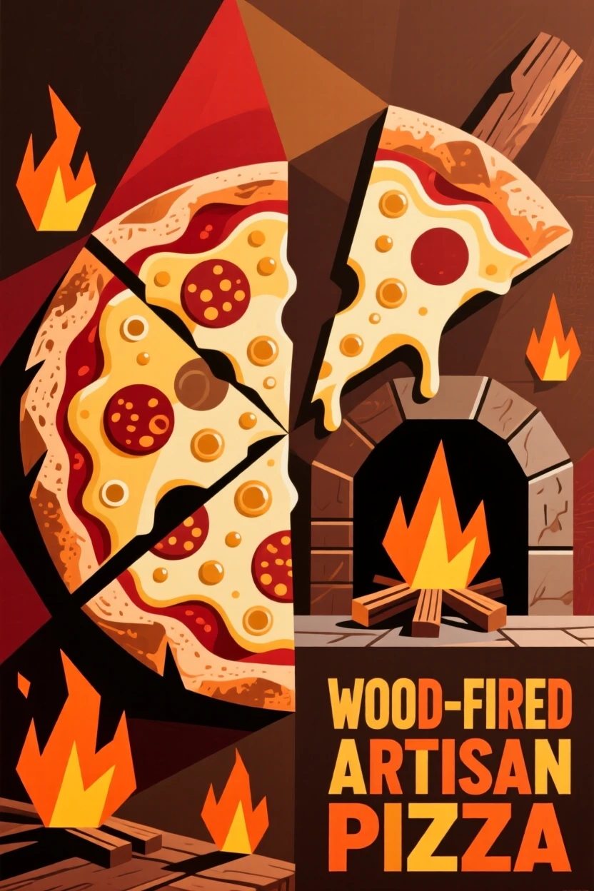 A rustic pizza fresh from a wood-fired oven, cheese bubbling at the edges.
