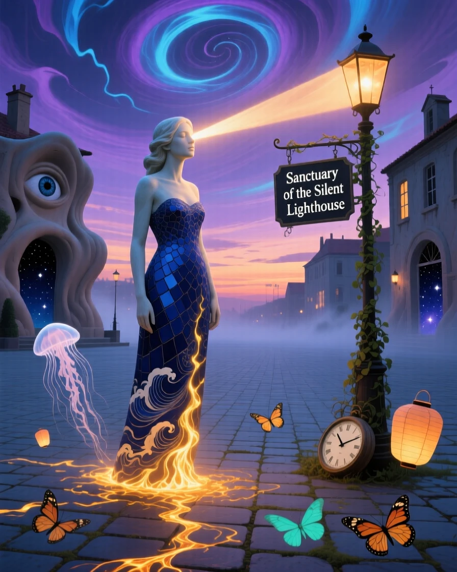 A woman with a lighthouse beam shining from her eyes stands motionless at the center of a quiet plaza, as light spills from the seams of their clothing.