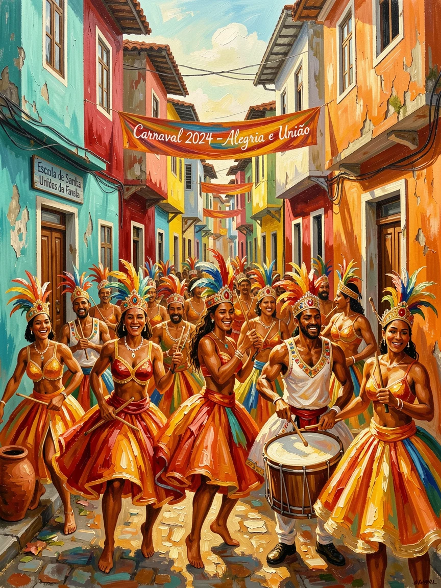 A vibrant Rio street celebration shows a samba school rehearsing in a favela, drums echoing through narrow colorful alleyways, warm ambient light illuminating faces filled with joy and communal spirit.