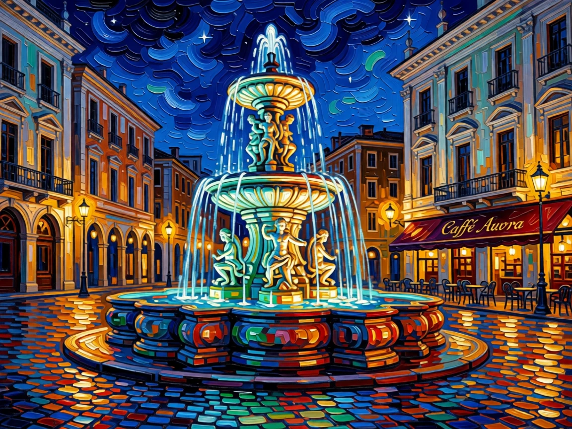A grand fountain illuminated with colored lights in a European city square at night