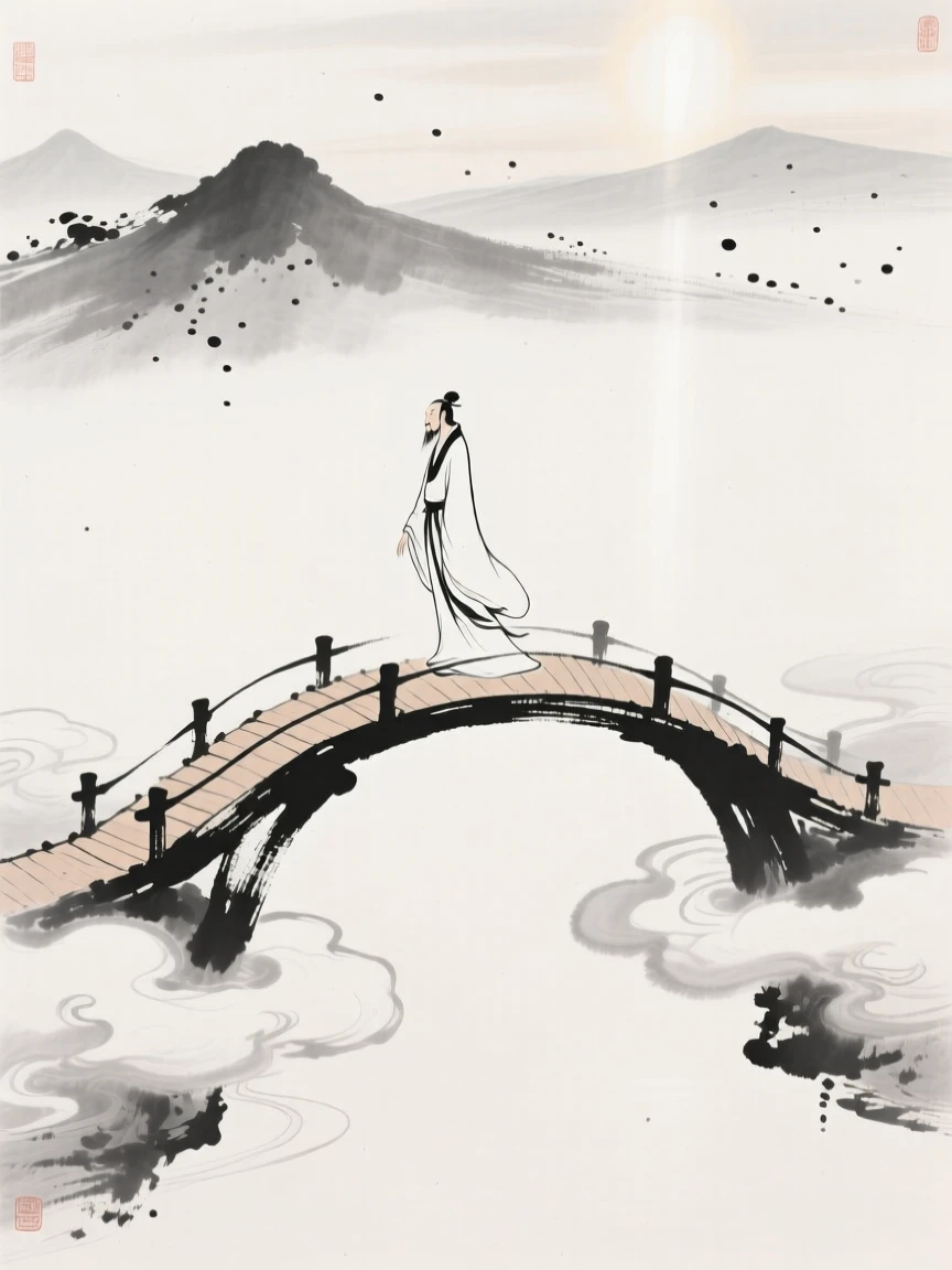 An immortal walks calmly across a bridge suspended between two clouds, with soft light radiating from behind distant peaks.