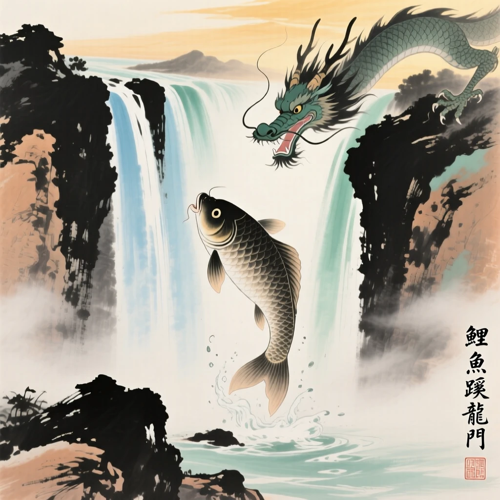 A legendary carp leaping through a waterfall gate to become a dragon, brimming with peaceful contentment, in the soft light of late afternoon.