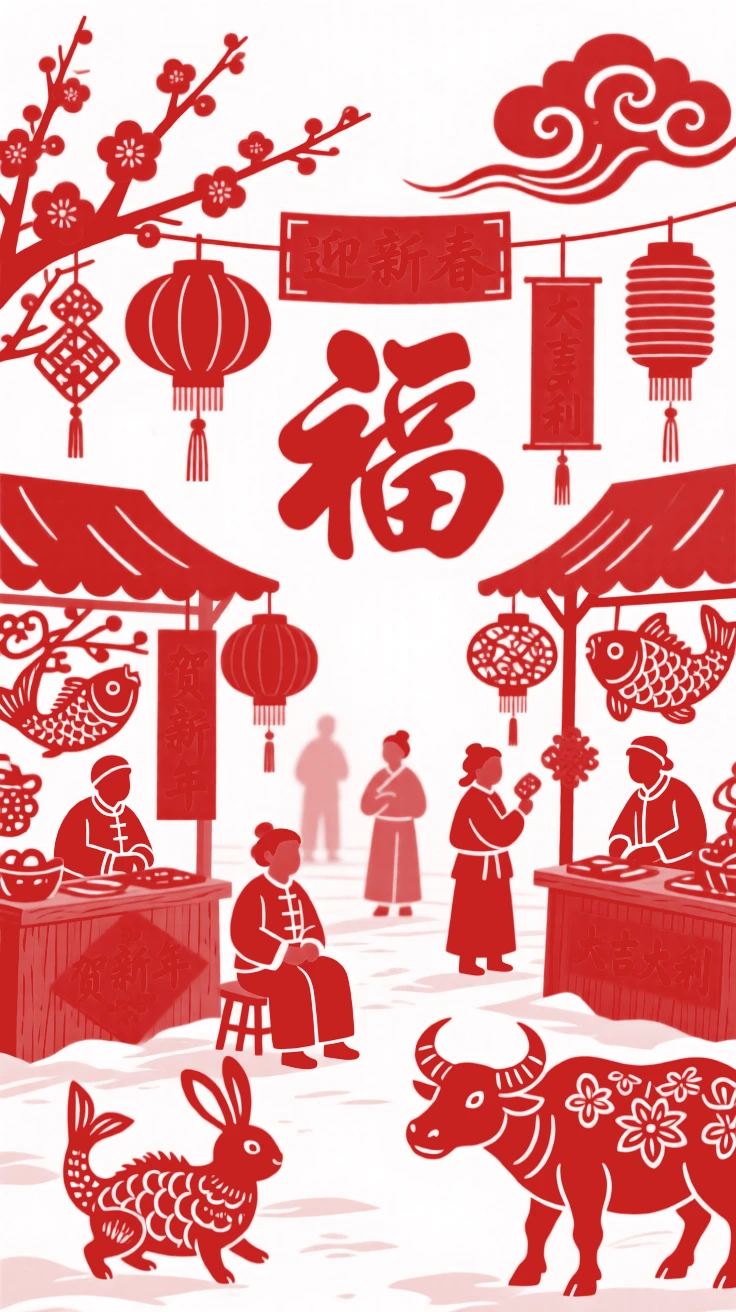 A winter New Year market bustling with vendors selling red couplets and paper cuttings