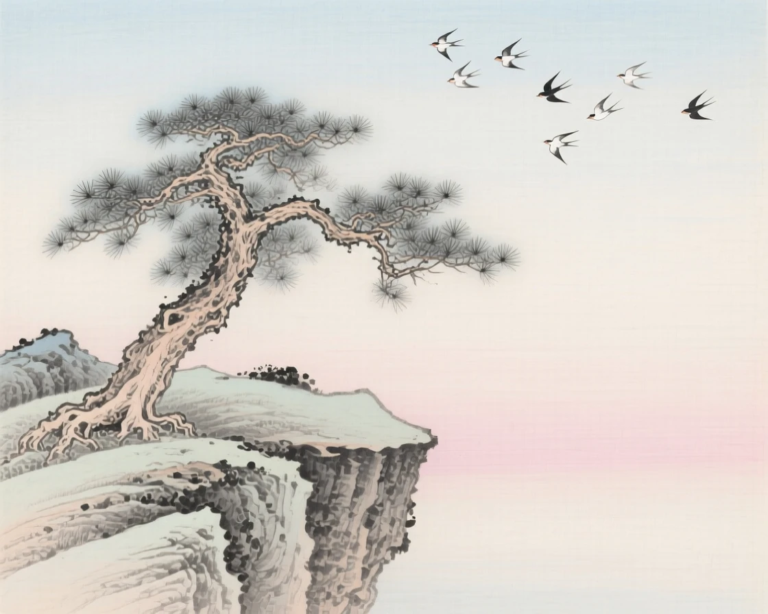 A lone pine tree growing from a rocky cliff, with a flock of birds crossing the pale morning sky