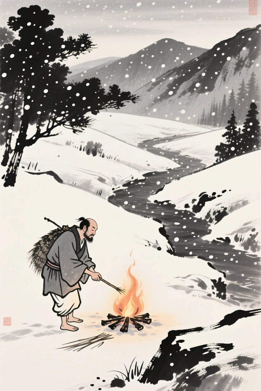 A shepherd gathering by a warm fire as snow falls outside along a quiet mountain trail, composed with soft light falling across the scene, capturing an everyday moment full of gentle humanity.