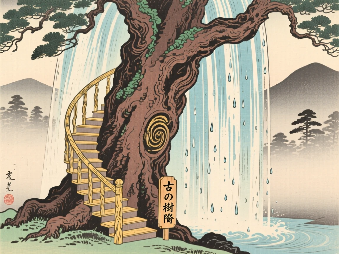 An ancient tree with a spiral staircase carved into its trunk, tucked behind a curtain of falling water.