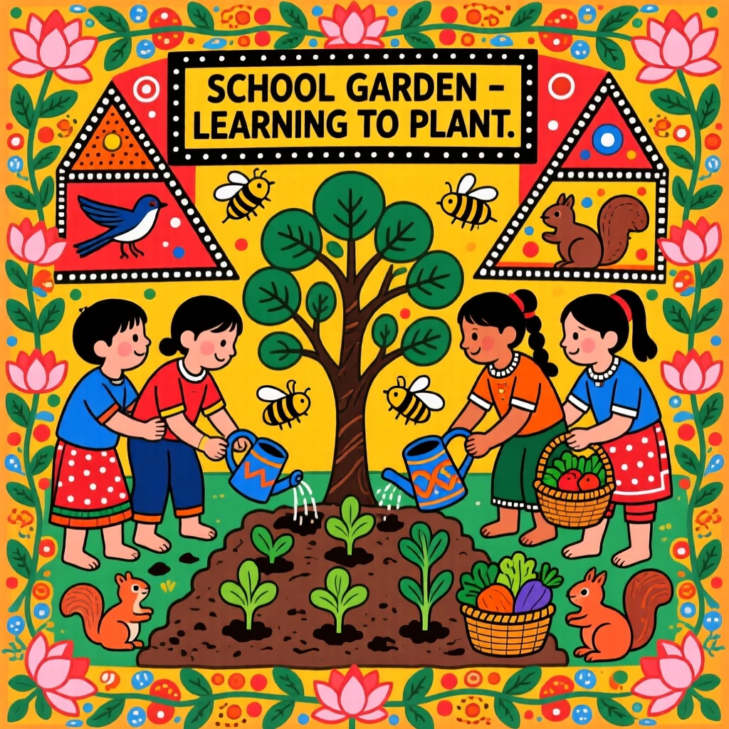 Children learning to plant vegetables in a school garden.