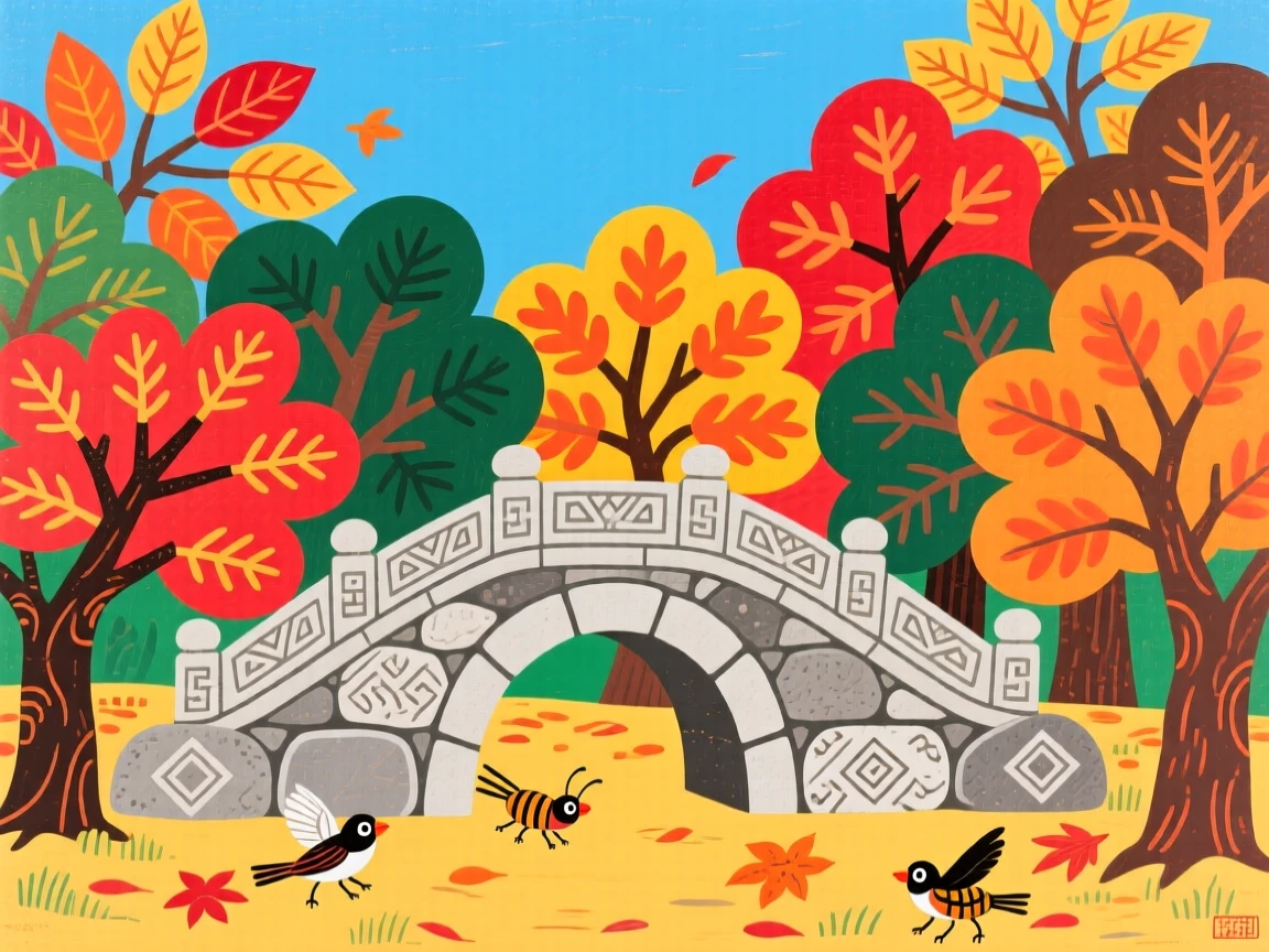 A view of a stone bridge surrounded by fiery autumn foliage.