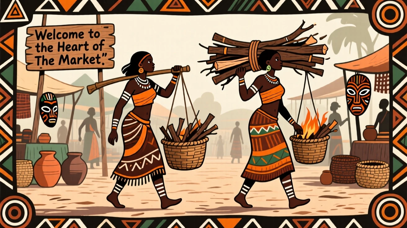Women carrying bundles of firewood home in the heart of a bustling market square.
