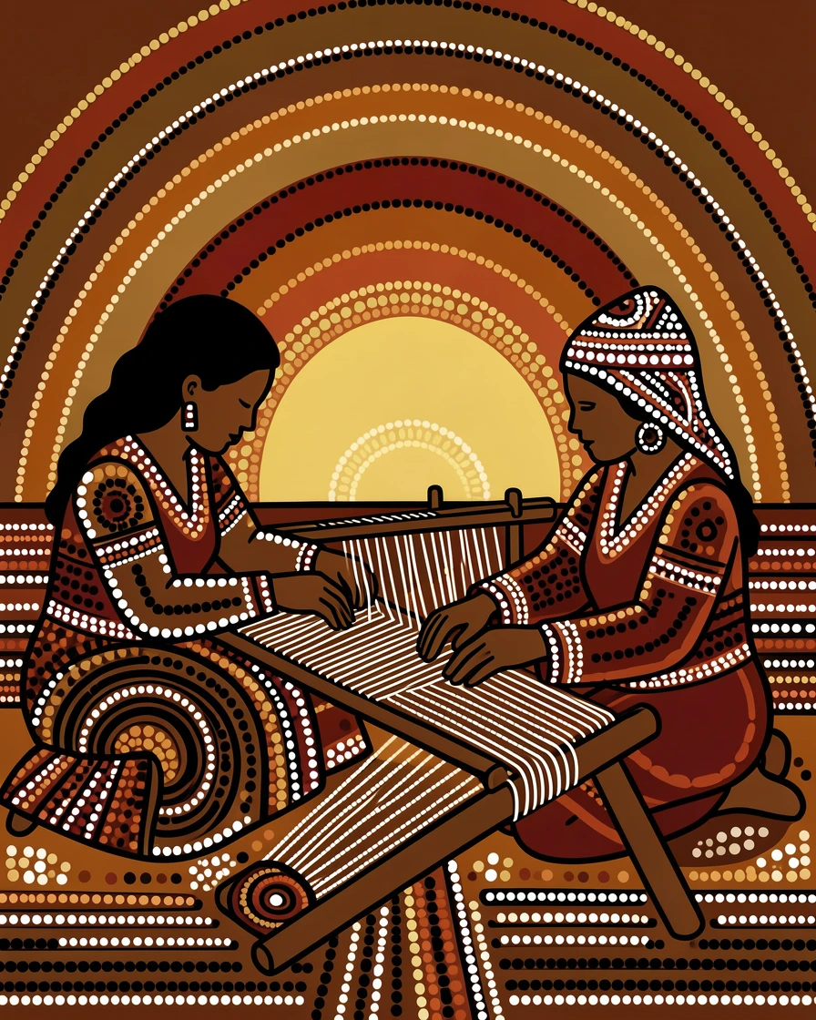 Weavers creating patterns on a traditional loom at sunrise
