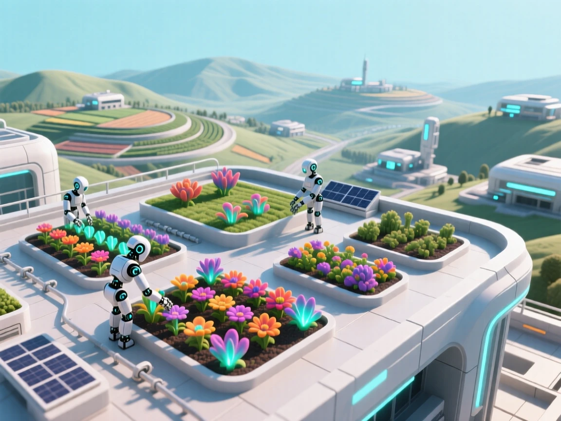 A space colony rooftop garden overlooking a terraformed valley, robotic gardeners tending rows of alien blooms.