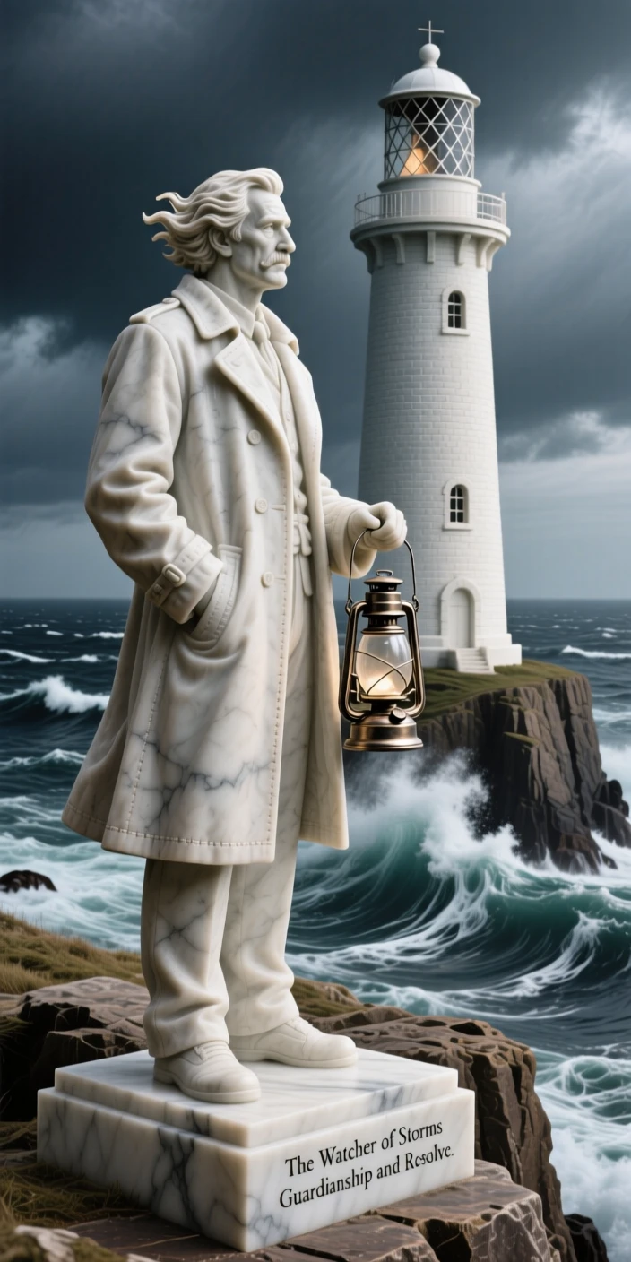 A beautifully composed image of a lighthouse keeper watching over a stormy sea, captured with cinematic depth and detail, full of atmosphere and visual storytelling