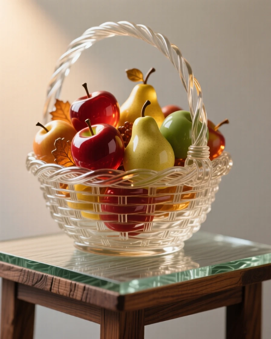 A basket overflowing with autumn apples and pears, on a rustic wooden table set for breakfast