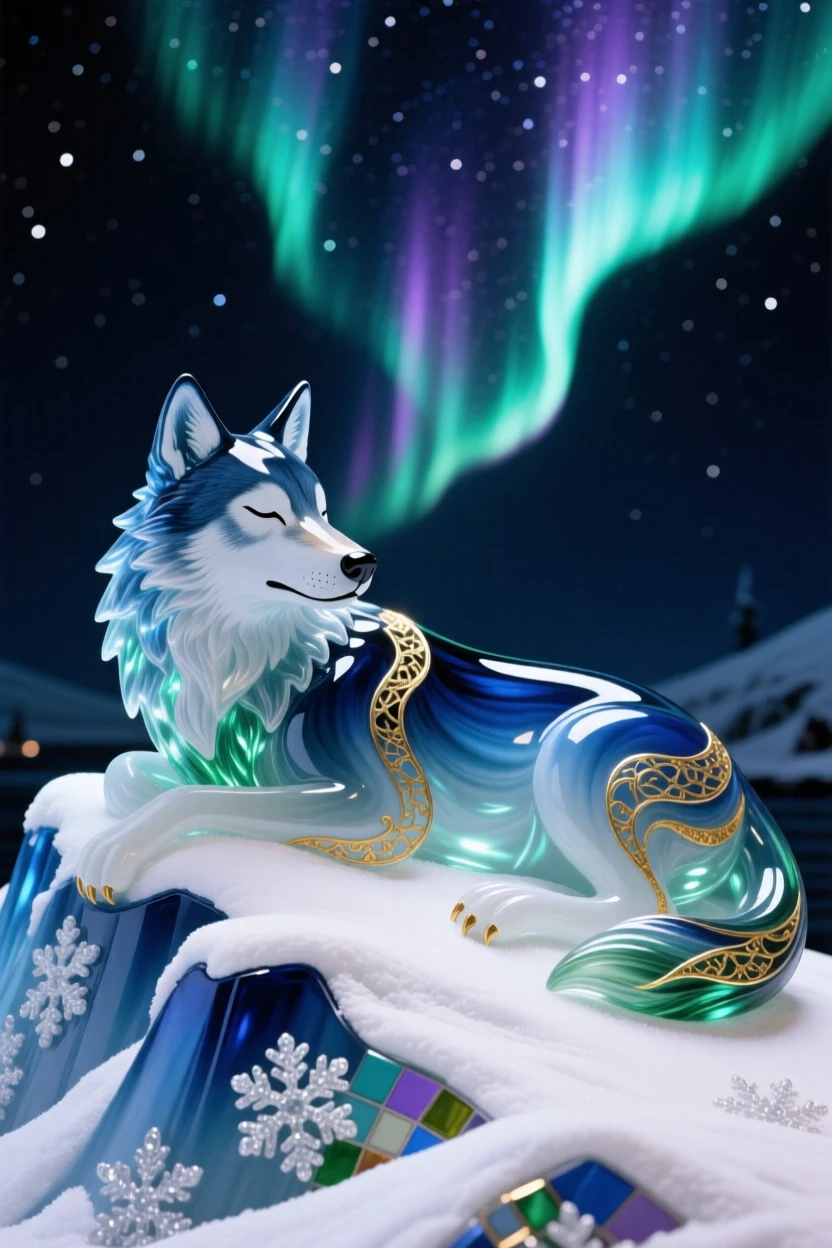 A lone wolf resting atop a snowy ridge beneath the shimmering aurora at midnight, majestic and serene.