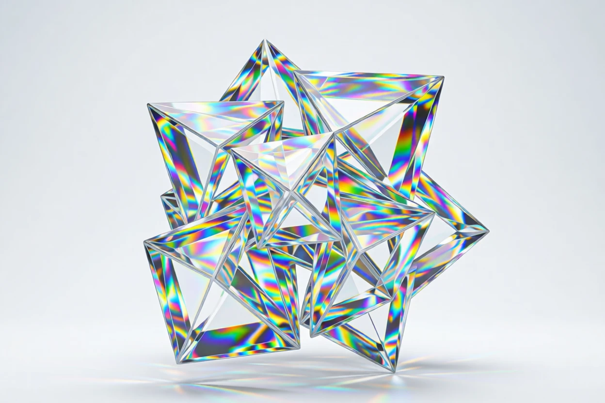 An abstract composition of geometric prisms refracting light into a rainbow spectrum.
