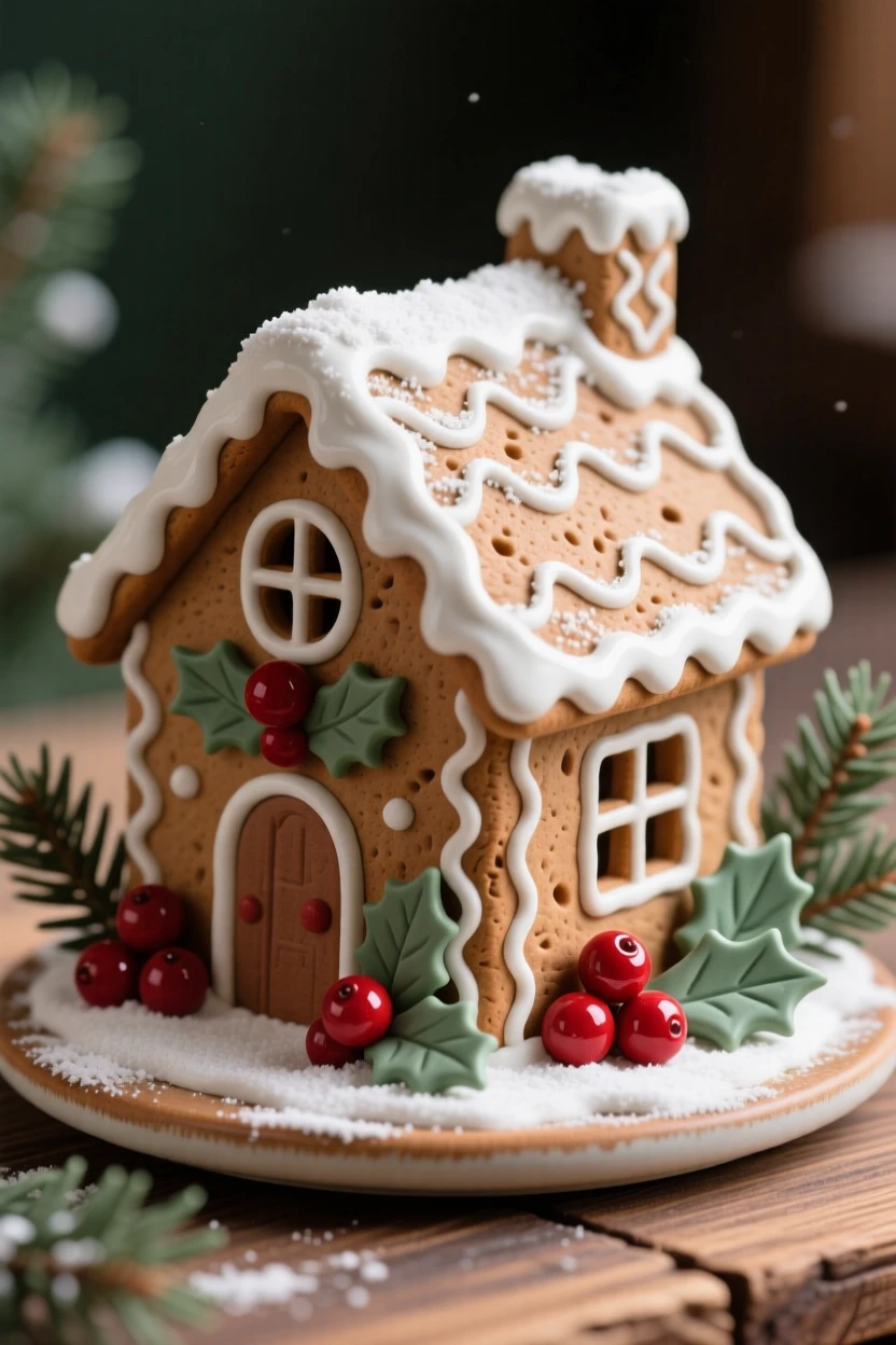 A gingerbread house dusted with powdered snow set within a cozy festive scene, accented with seasonal berries and greenery, evoking festive joy and warm togetherness.