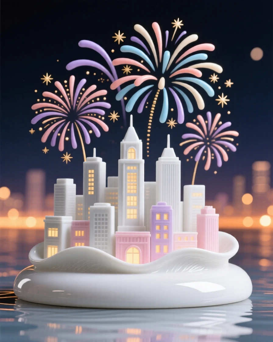 A joyful New Year's fireworks over a city skyline scene, warm light and joyful color filling the scene.