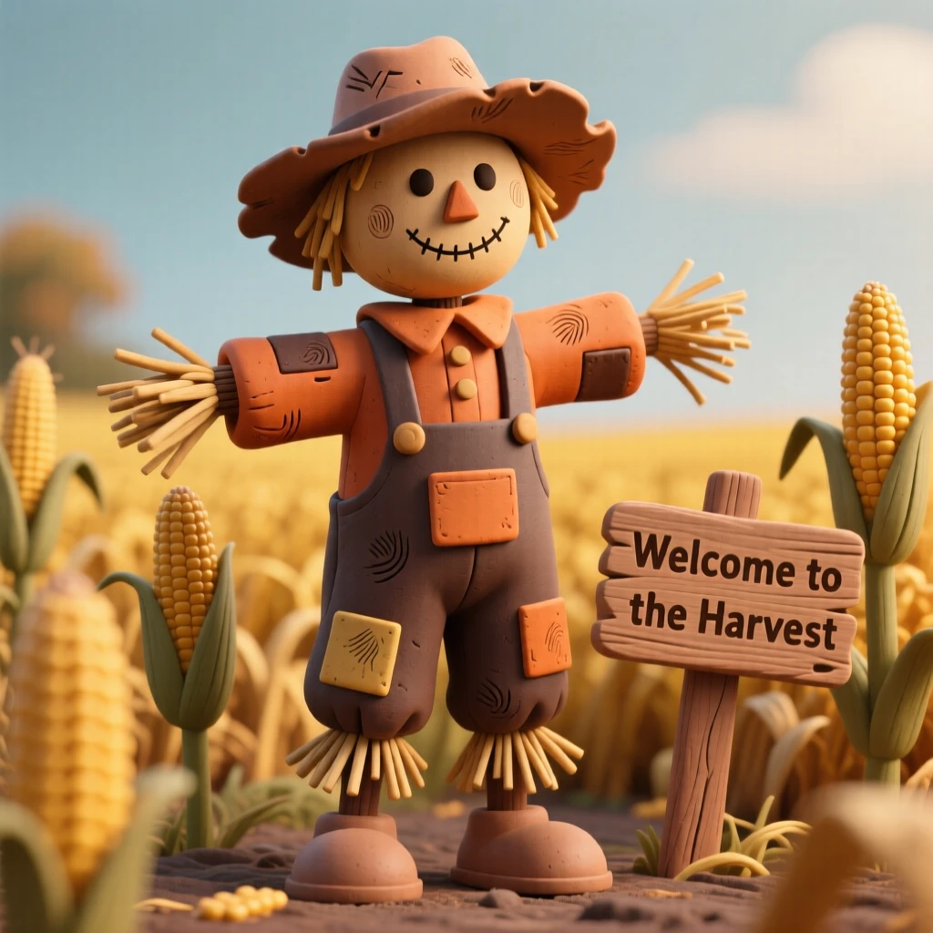 An autumn scarecrow standing watch over a golden cornfield