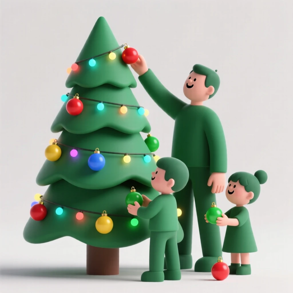 A joyful family decorates a towering evergreen tree together, ornaments glinting beneath twinkling colorful lights.