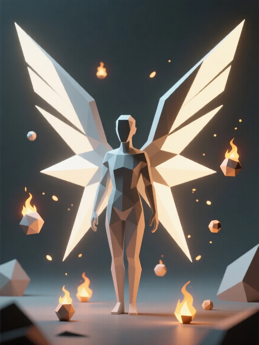 A celestial being with wings made of starlight, surrounded by drifting magical embers. soft glowing light sources create dramatic highlights. There is an air of ancient mystery.