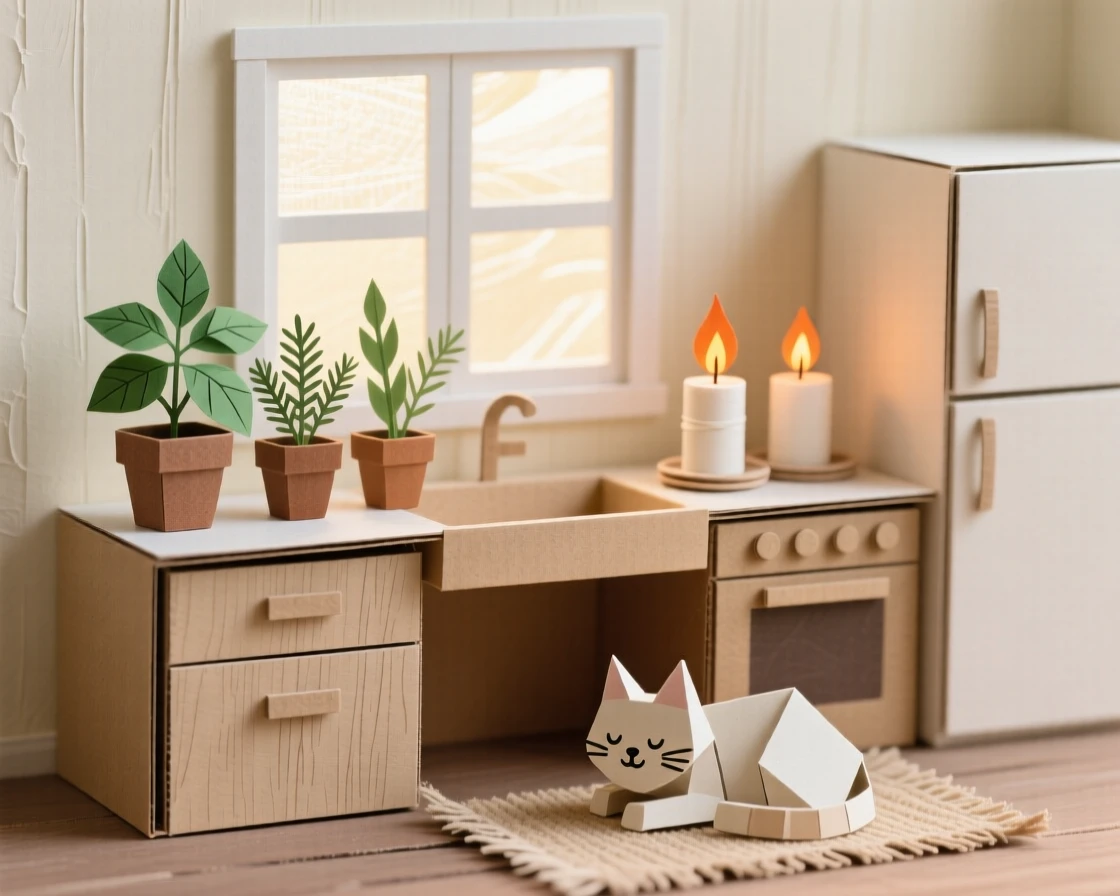 A sunlit kitchen with fresh herbs growing lit softly by flickering candlelight, with a content pet curled up close by, capturing quiet contentment.
