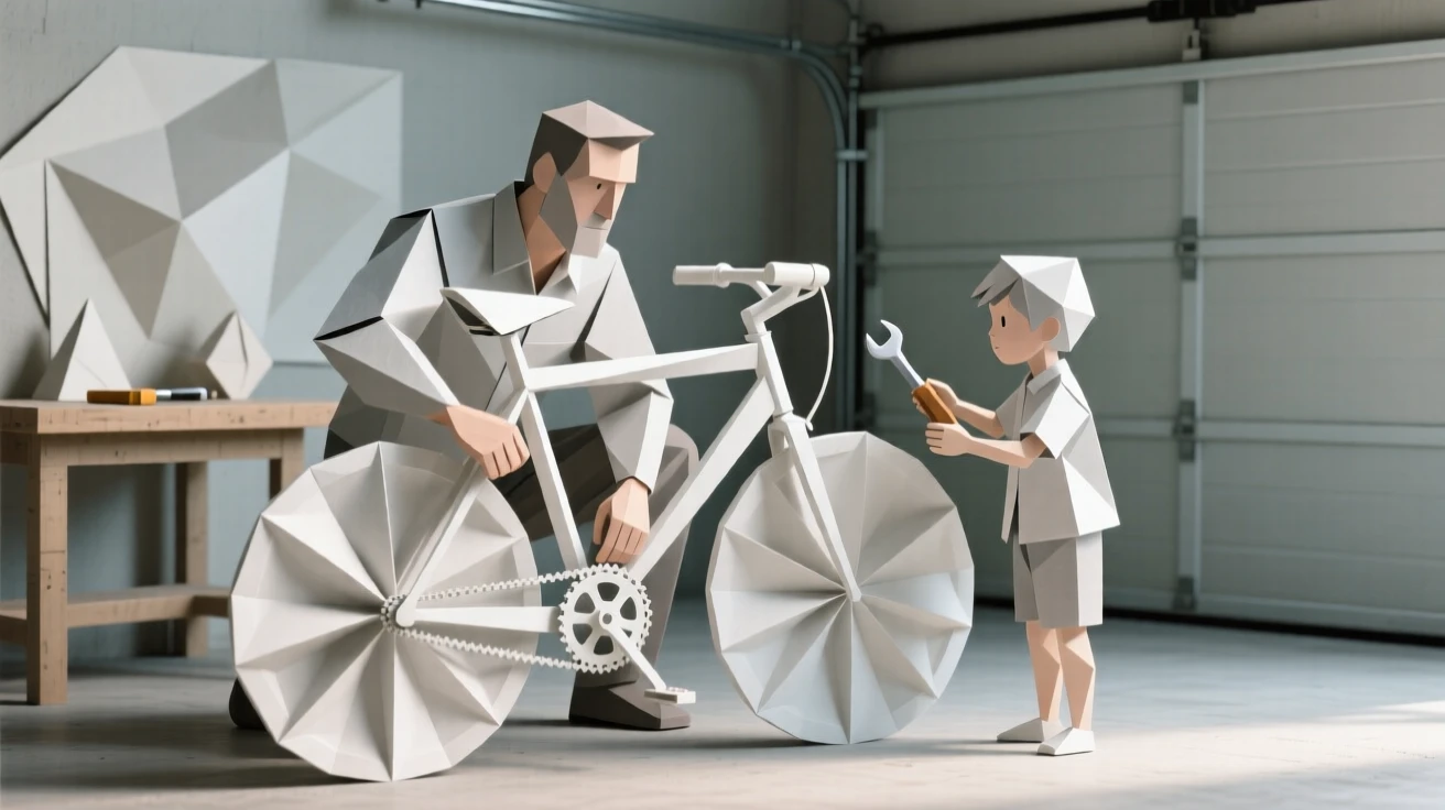 A father and son fixing a bicycle together in the garage on a Saturday afternoon.