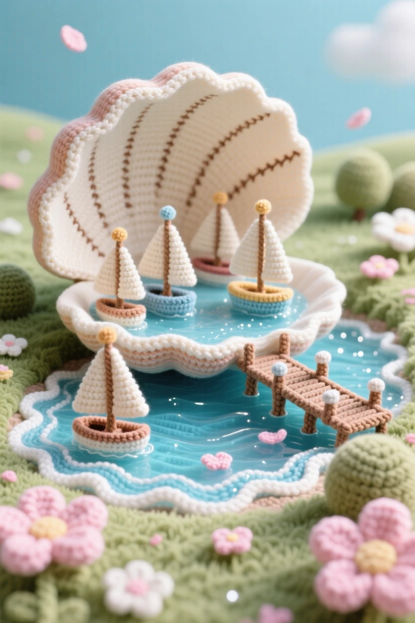 a miniature harbor built inside a giant clamshell, with tiny sailboats docked, nestled along a sparkling tide pool, tucked within a quiet, dreamlike meadow, with a trail of soft floating petals, evoking gentle magical wonder.