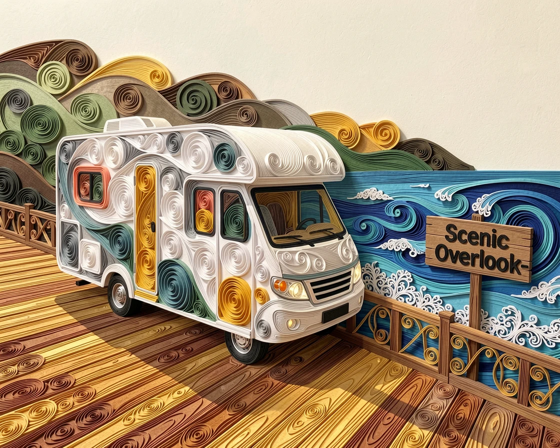A relaxed modern lifestyle scene of a camper van parked beside a scenic overlook along a scenic coastal boardwalk, with soft golden afternoon light throughout, composed with clean modern lines and open space.