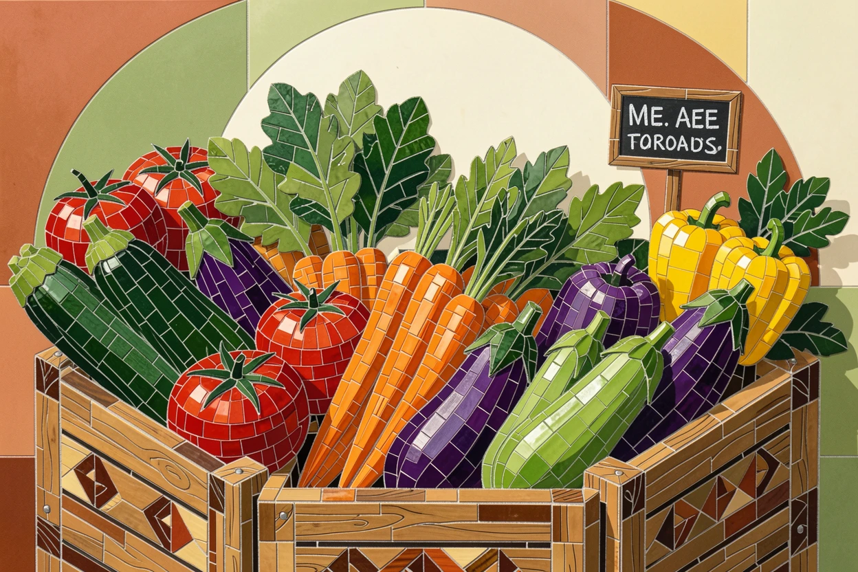 A close-up gourmet food photograph of a colorful farmers market stall overflowing with fresh vegetables, with rich color and inviting texture.
