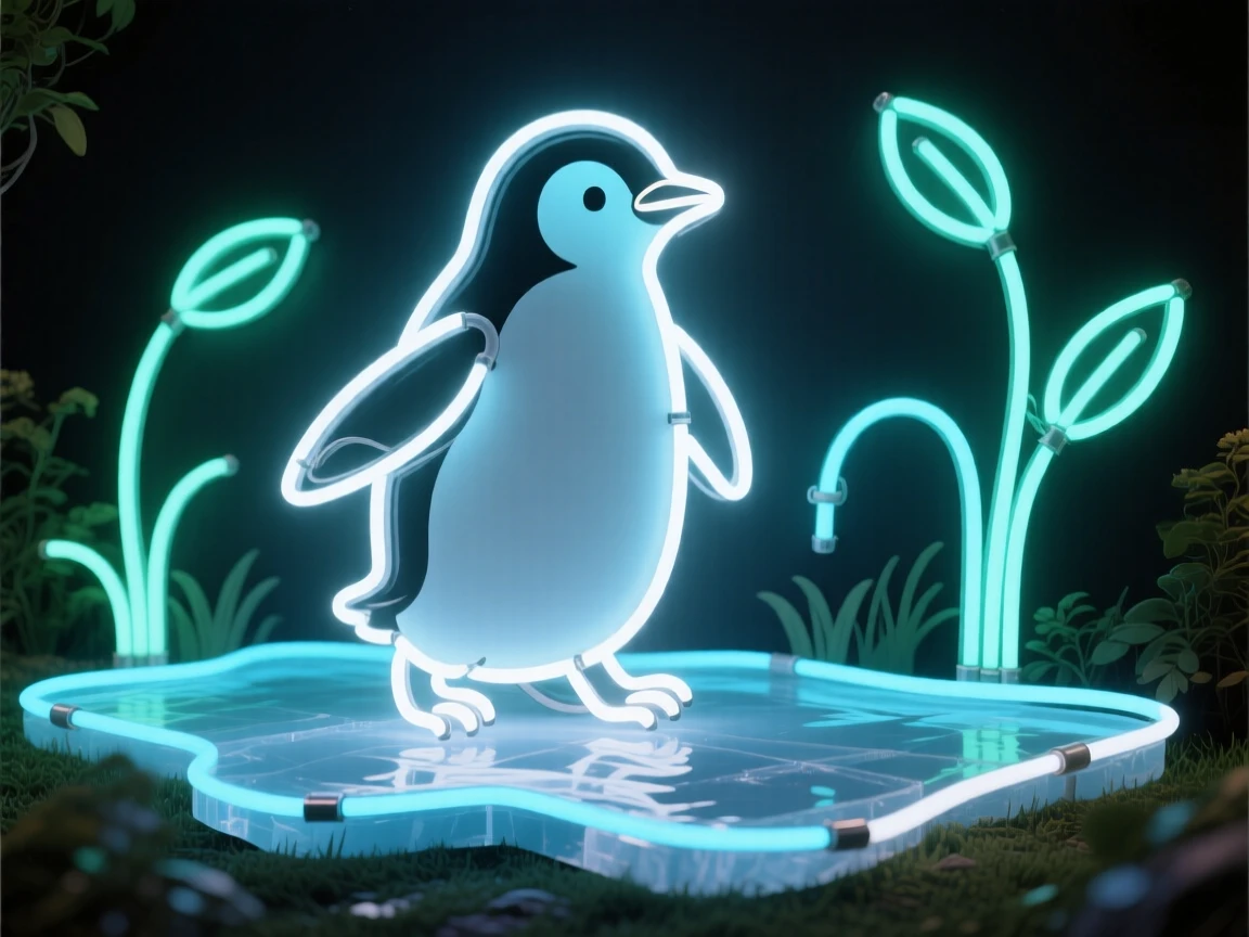 a baby penguin waddling on ice in a quiet backyard garden.