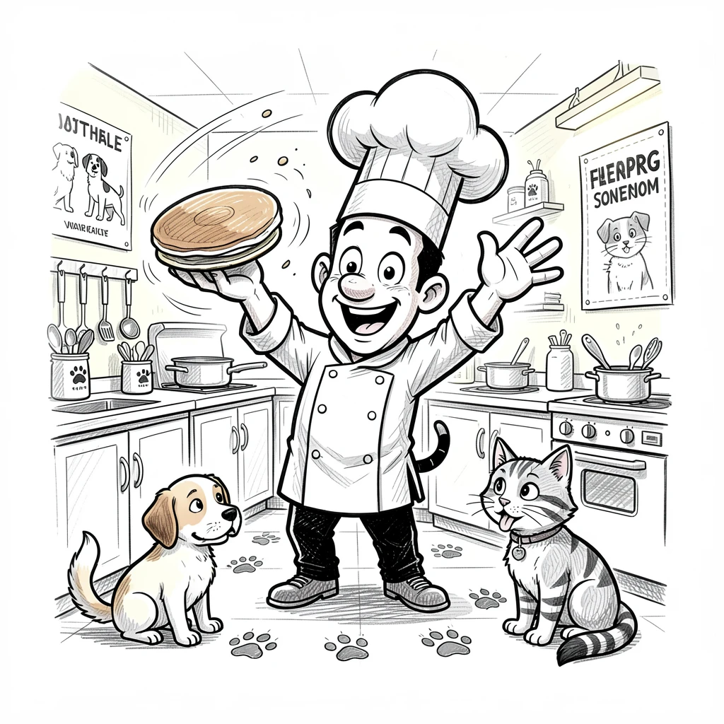A chef flipping a pancake mid-air in a busy kitchen in a bright veterinary clinic.
