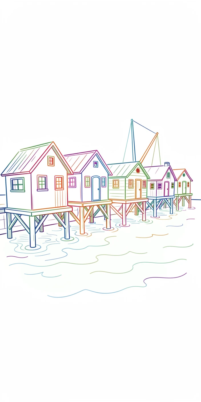 A row of fishing shacks perched on stilts above calm harbor water.