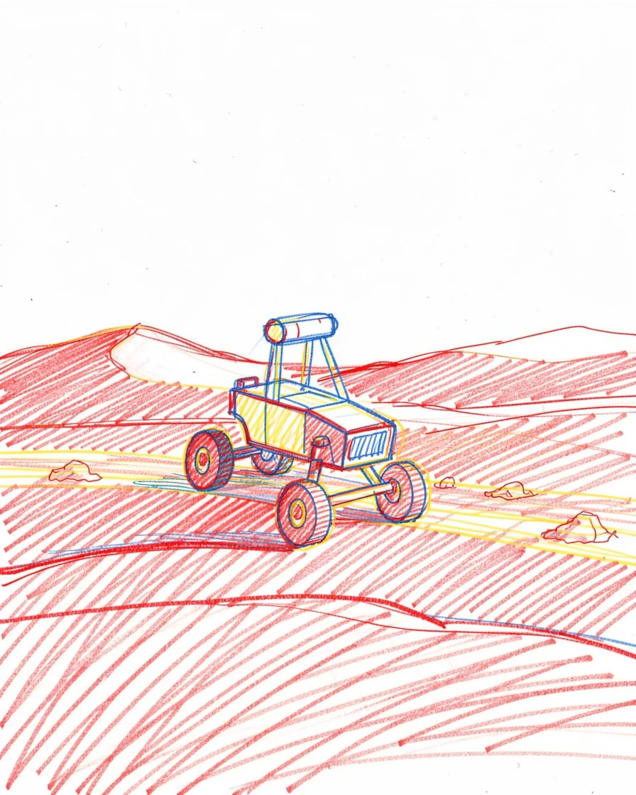A rover exploring a vast red desert on a distant planet