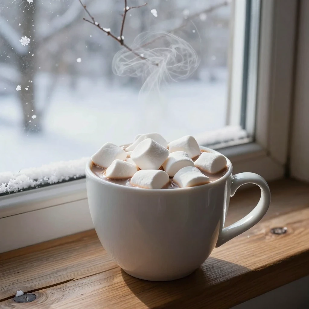 A cup of hot cocoa with marshmallows beside a winter window