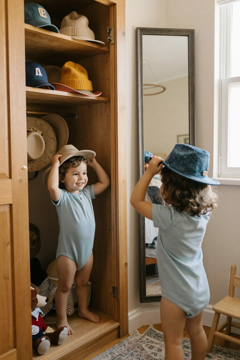A toddler tries on every hat in the closet, one after another, in front of a mirror.