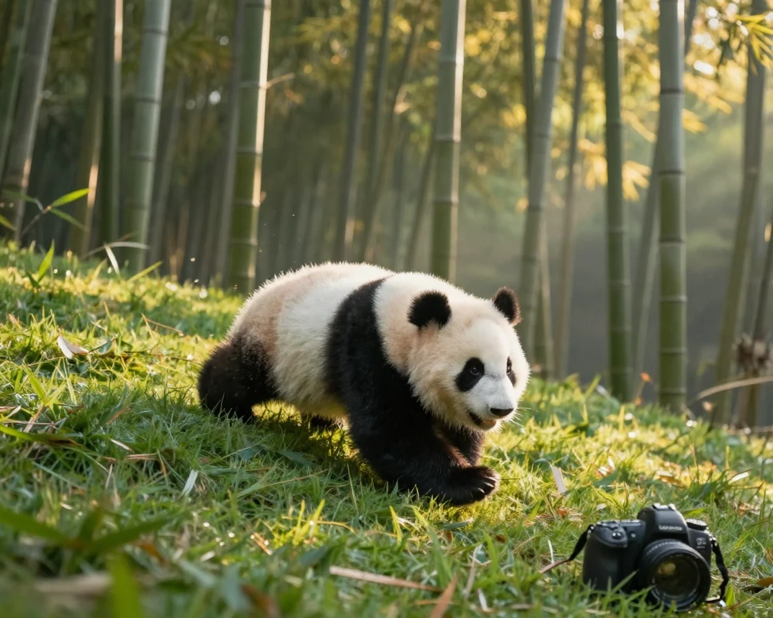A fluffy panda cub tumbling down a grassy hill in a bamboo forest