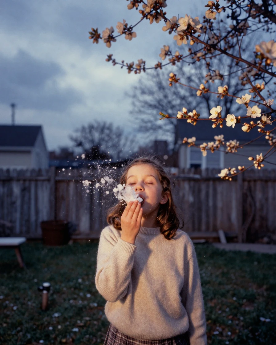 A girl catching snowflakes on her tongue in a quiet backyard, in cool blue twilight, under scattered clouds, as spring blossoms unfurl, in warm honey and cream tones, shot from directly overhead.