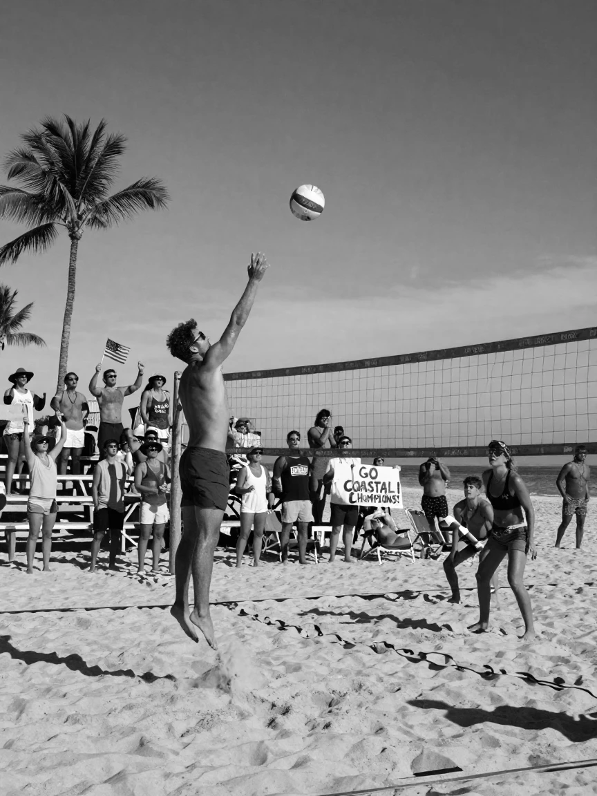 A beach volleyball match draws a lively crowd of spectators on a sunny tropical beach.