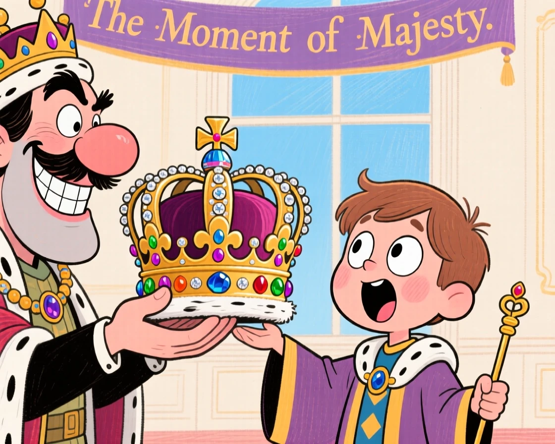 A royal jeweler presenting a dazzling crown to an awestruck young monarch.