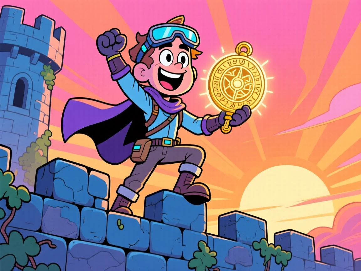 An imaginative fantasy scene of a time-traveling explorer standing triumphantly atop a castle wall at sunrise, with a legendary artifact clutched tightly.