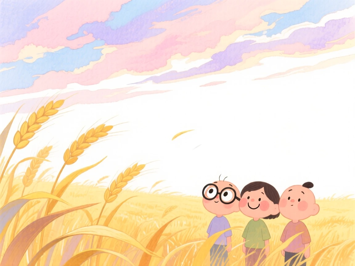 A serene landscape of a golden wheat field swaying under a dramatic sky in soft morning light