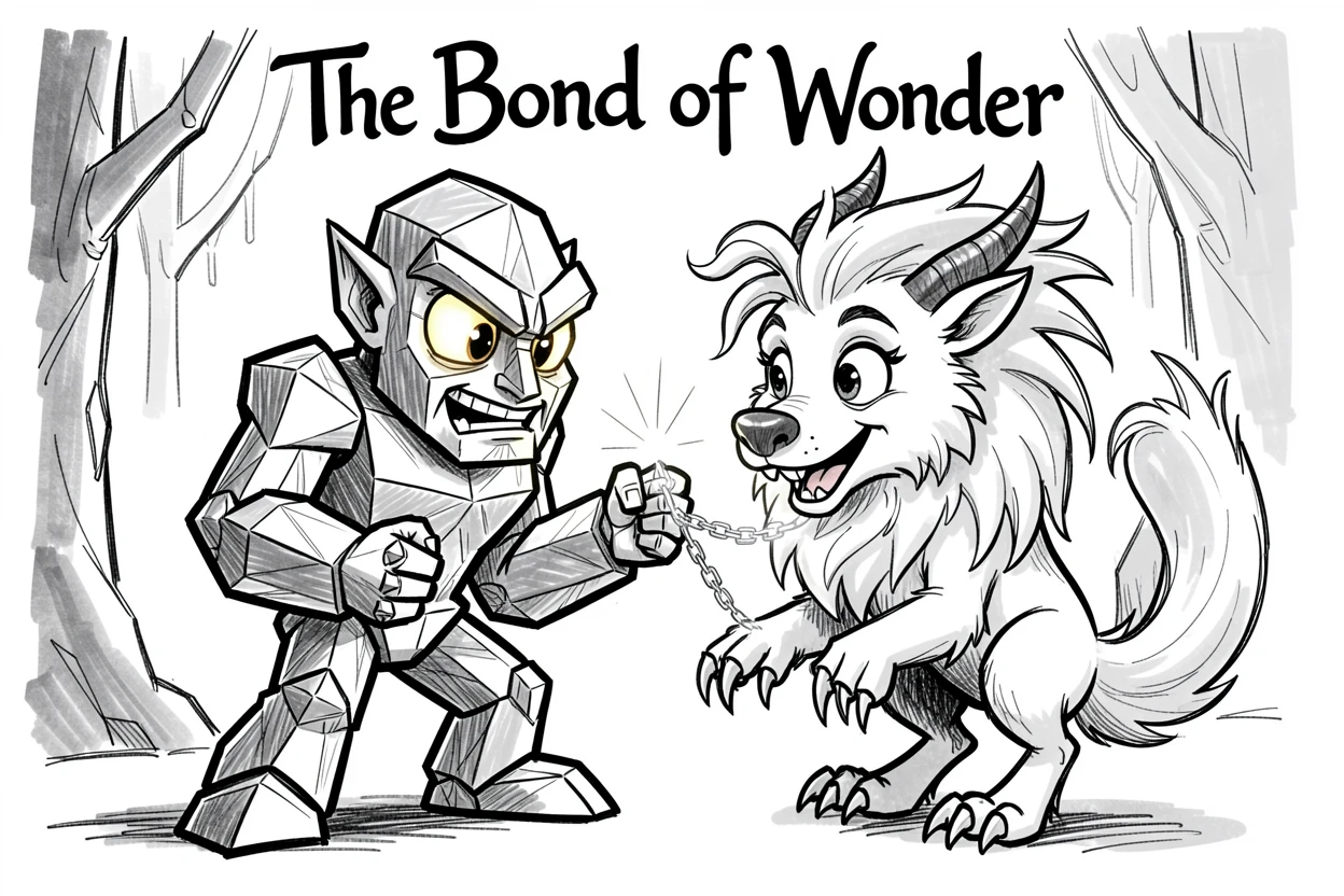[Fantasy & Imaginative Scenarios] Imaginative fantasy scene of a valiant crystal golem taming a wild mythical creature, brimming with wonder