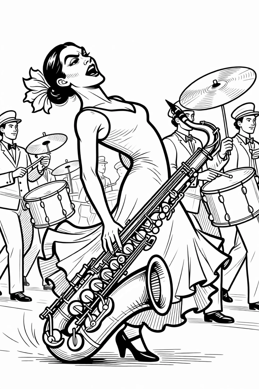 A flamenco dancer stomping with fierce, fiery focus, leaning back so far the saxophone nearly touches the floor, set at the front of a parade marching band. Cymbals still shimmer from the last powerful hit. It radiates the joy of losing yourself completely in sound.