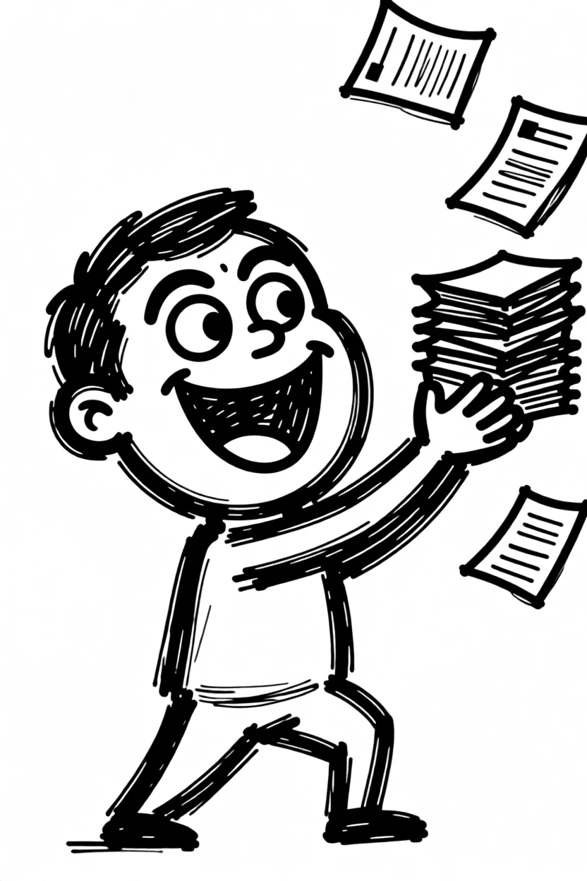 A person triumphantly catching a falling stack of dropped papers just in time.