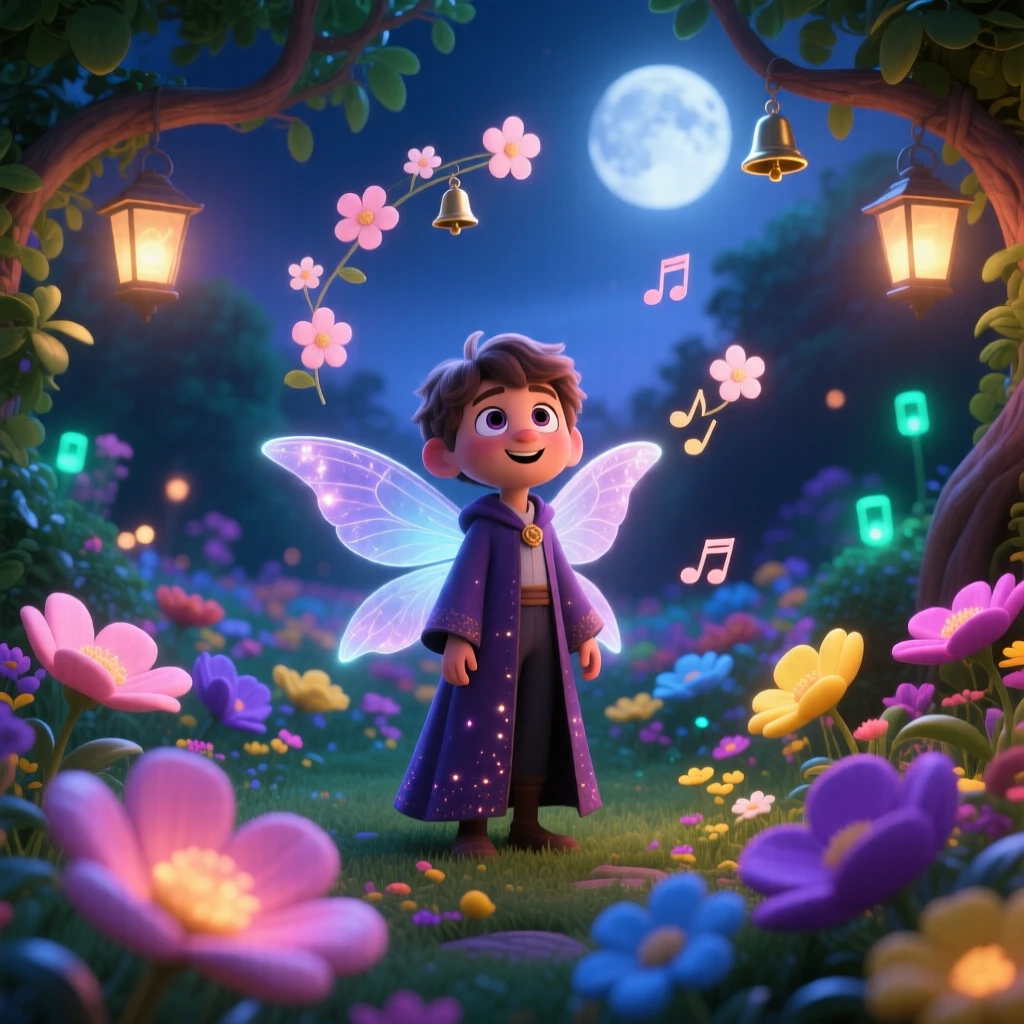 A young wizard stands in a garden where flowers chime like bells, floating gently above a field of flowers. The atmosphere feels mystical yet warmly inviting, with delicate wings catching the moonlight.