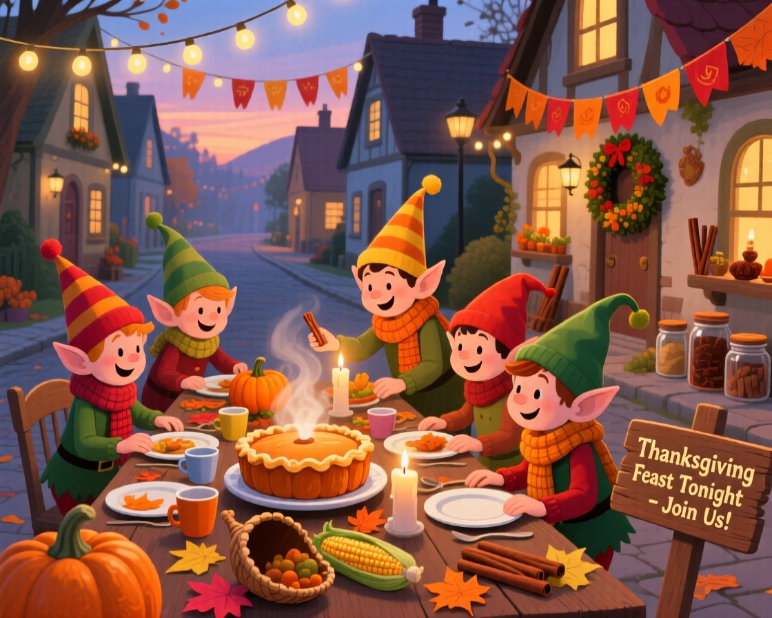 A group of cheerful elves spend the evening setting the table for a big Thanksgiving feast in a festive village street, as the scent of cinnamon fills the air.