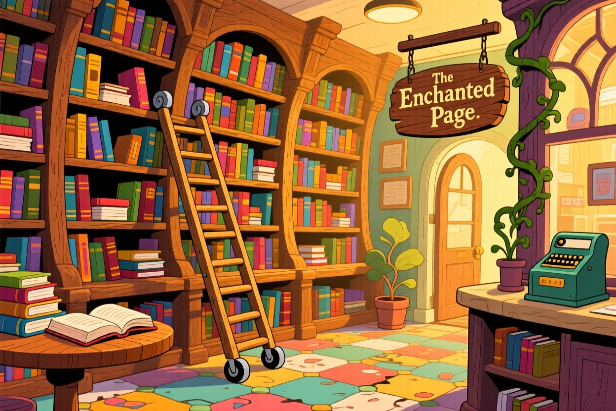 An old bookshop with towering shelves and a rolling ladder.